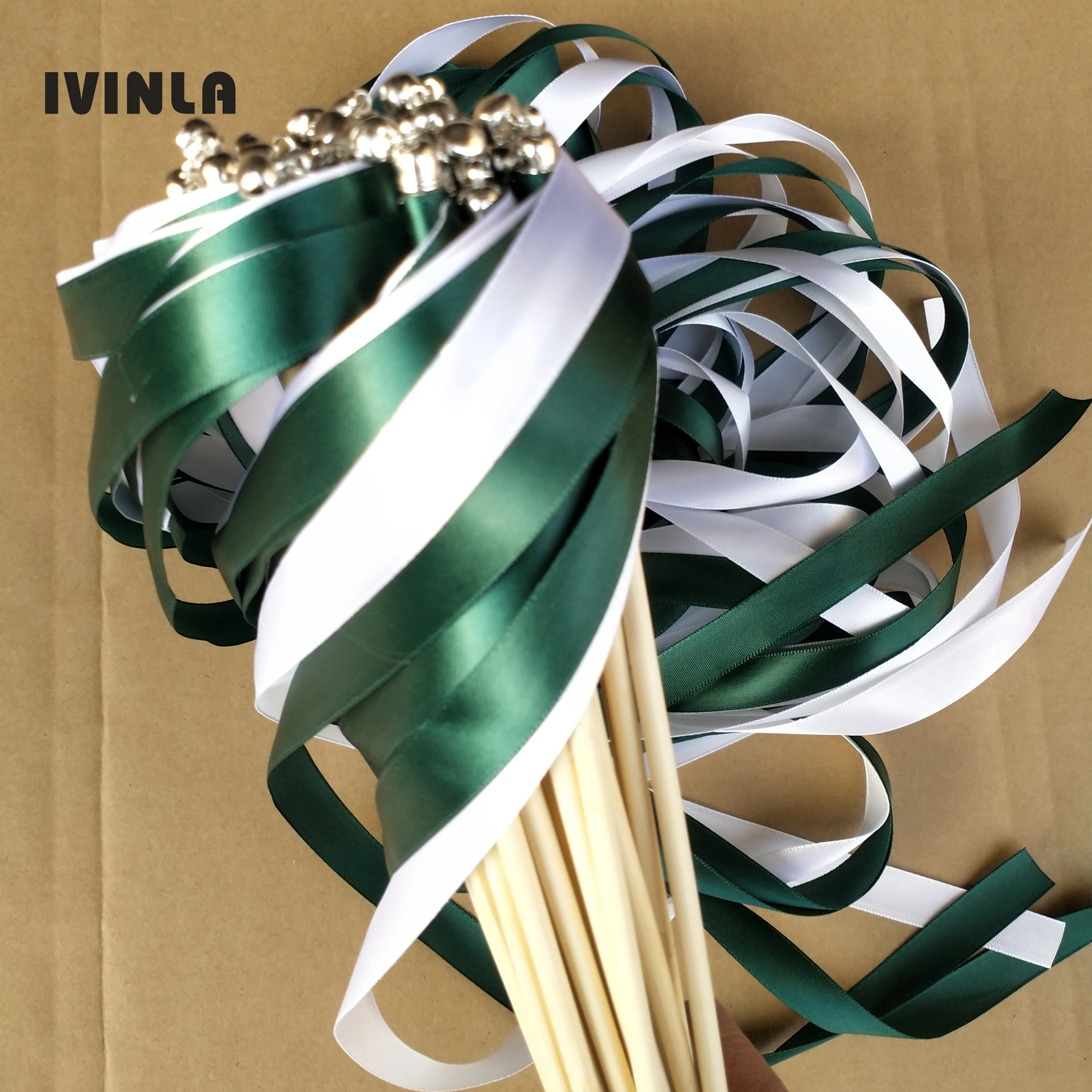 Hot selling 50/20/10pcs/lot  green & white wedding ribbon wands with sliver bell