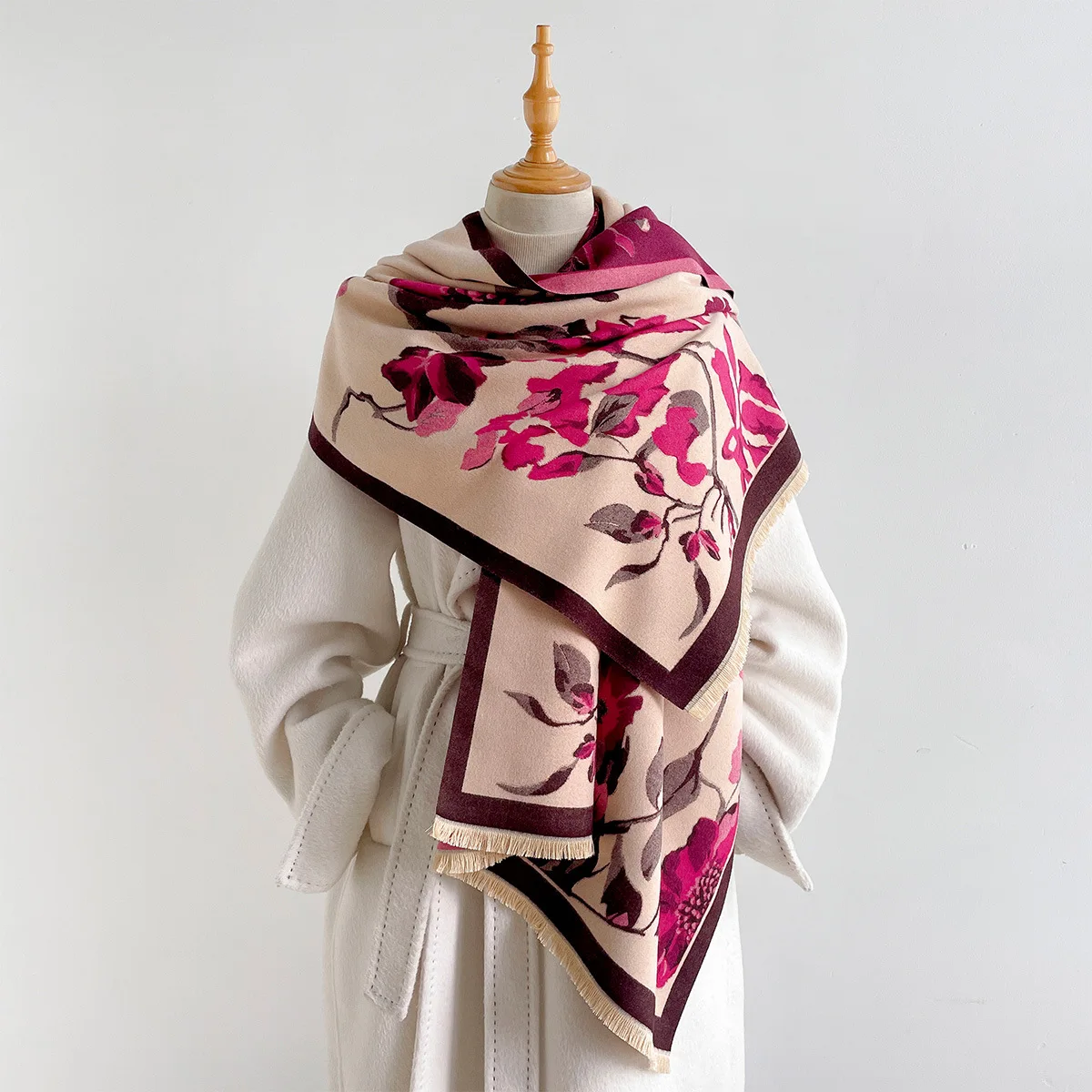 Women's Imitation Cashmere Scarf Fringed Thick Warm Reversible Shawl Winter Retro Print Pashmina Large Blanket Wrap