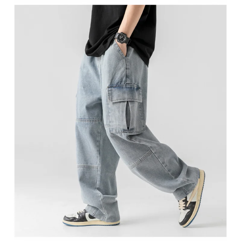 GIOIOM pantalones vaqueros casuales para hombre, pantalones vaqueros de pierna recta sueltos con cordón en la cintura con dos bolsillos tridimensionales de primavera y otoño, pantalones para hombre