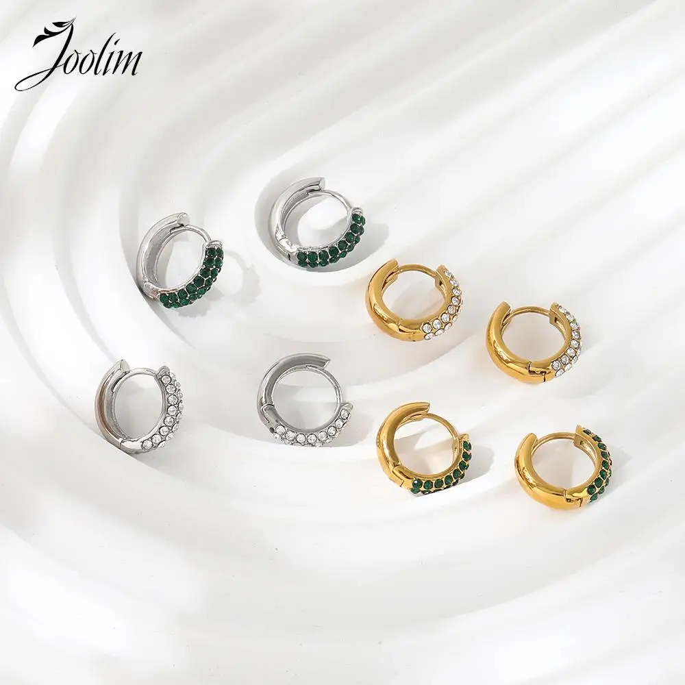 JOOLIM Jewelry High End PVD Wholesale Tarnish Free Delicate Luxury Clear&Green Zirconia Huggie Stainless Steel Earring For Women