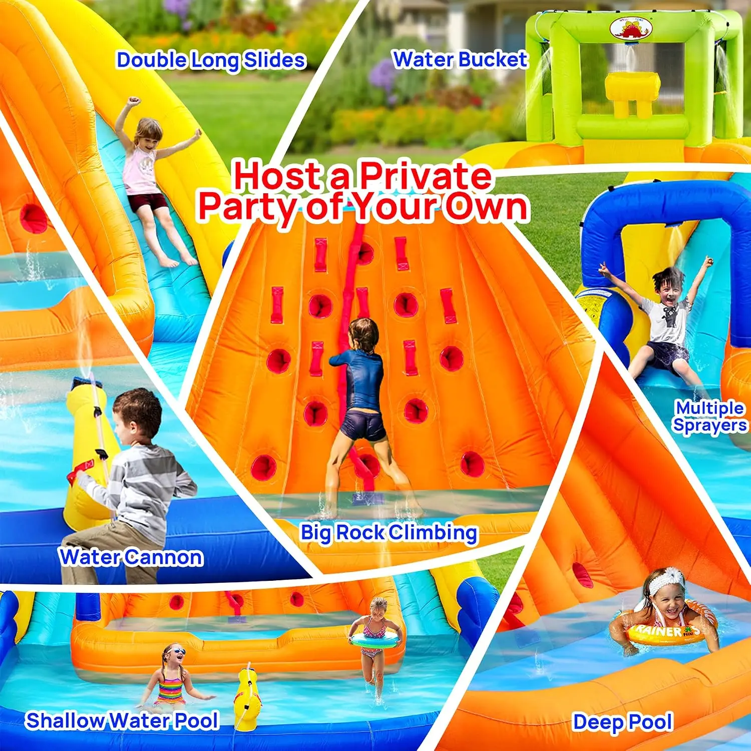 WELLFUNTIME Inflatable Water Slide, Bounce House with Water Bucket, Deep Pool, Climbing Wall with Rope, Bouncy Castle with Air B view 5