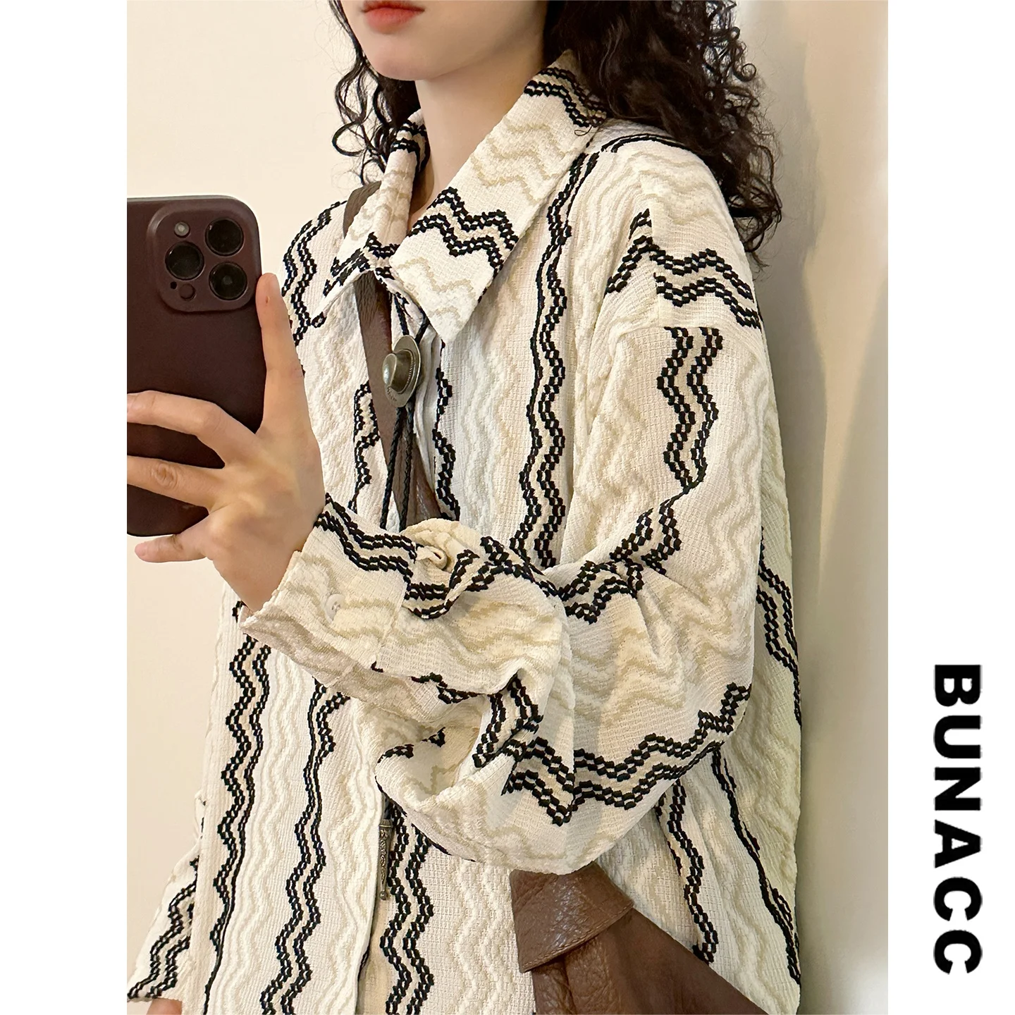 

Retro American College Sle Striped Embroidered Long Sve Women's irt Loose Fit Casual Collar Button up Top