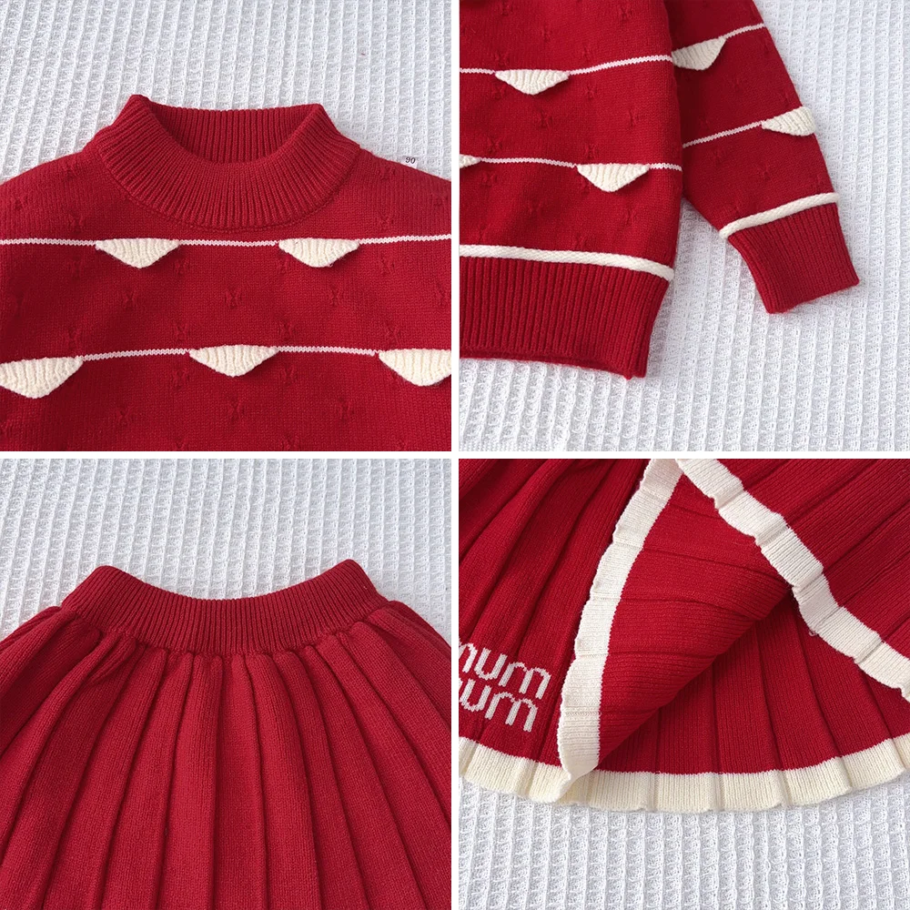 Bear Leader Autumn Winter Striped Color Blocked Knitted Sweater+Pleated Skirt 2-piece Set Red Christmas New Year Girl Clothes