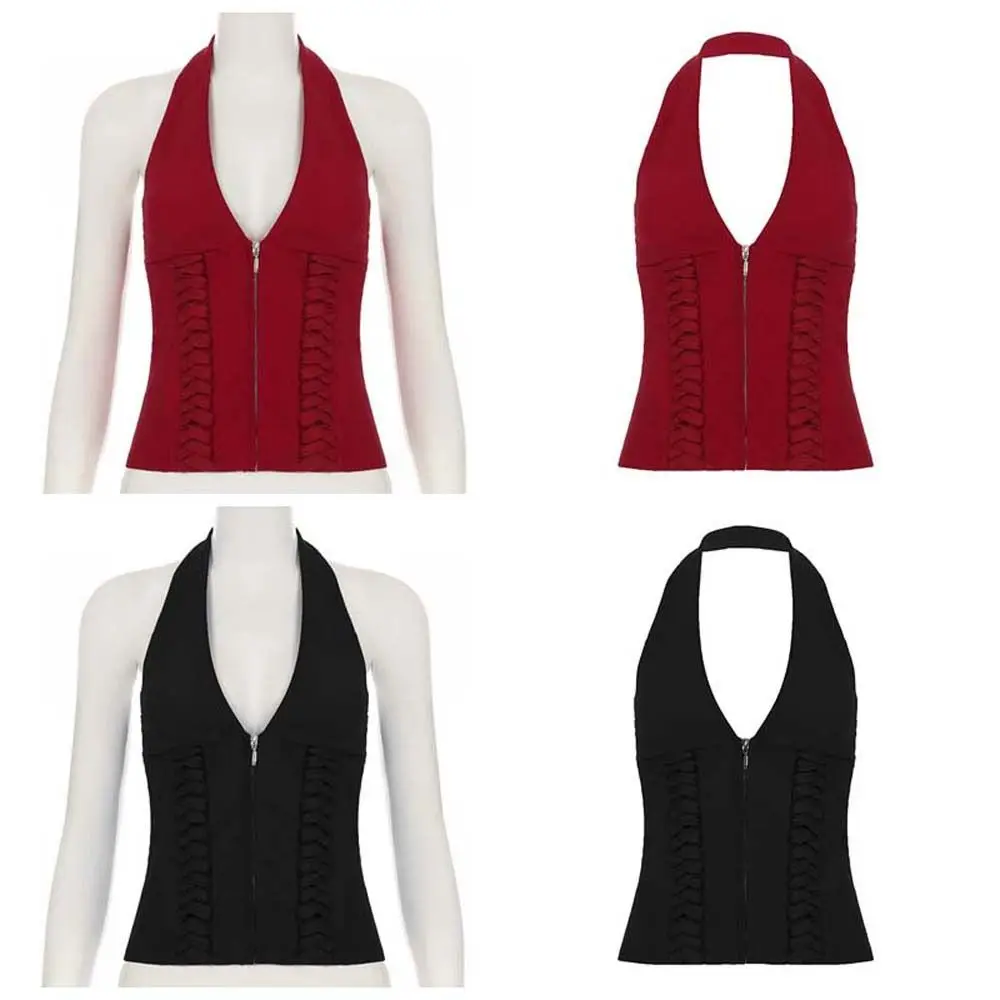 

Deep V Neck Sleeveless Crop Top Tie Up Waist Strap Solid Color Halter Vest Top Slim Fit Chic Women Camisole Dance
