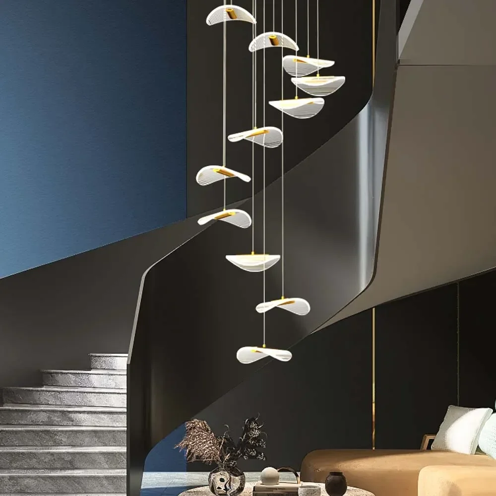 

Modern LED Acrylic Staircase Chandelier Luxury Gold Chips Design Long Hanging Lamps Simple Home Indoor Kitchen Lighting Fixtures