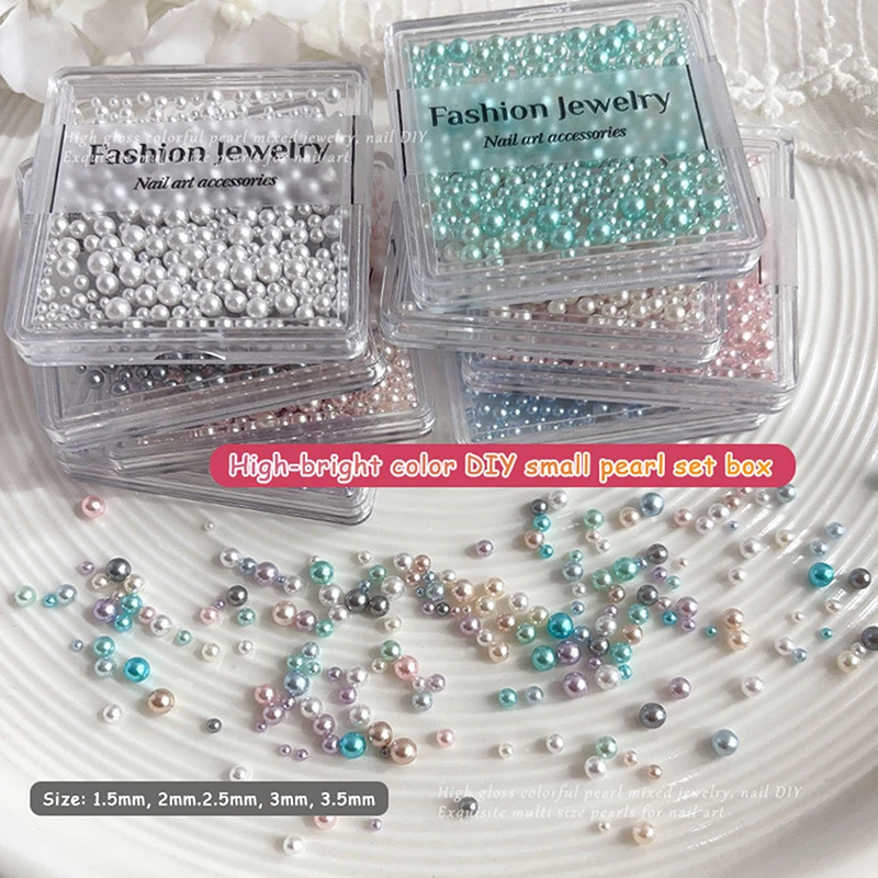 1 Box Mixed Size Colorful Pearl Nail Decorations Shiny 3D Multicolor Round Pearls For Manicure Nail Art Charms