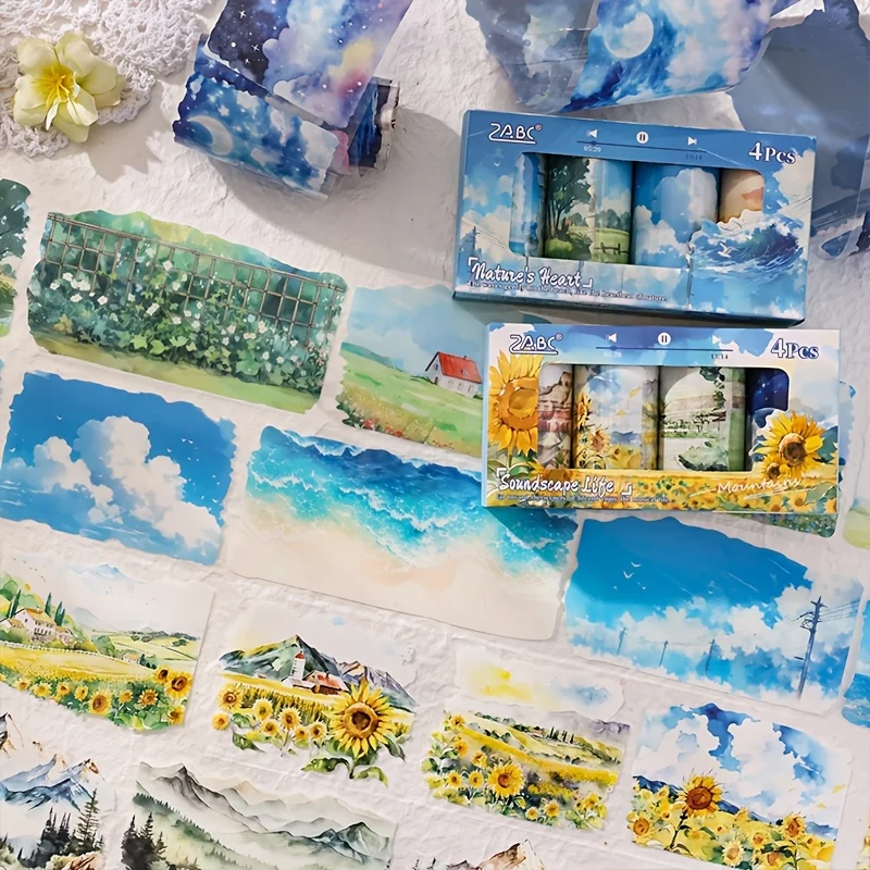 4Roll Landscape Pattern Decorative Tape，forDIYHandicrafts、Scrapbook and Diary - 3.15Inches Widex78.74Inches Long，Vivid Nature-In