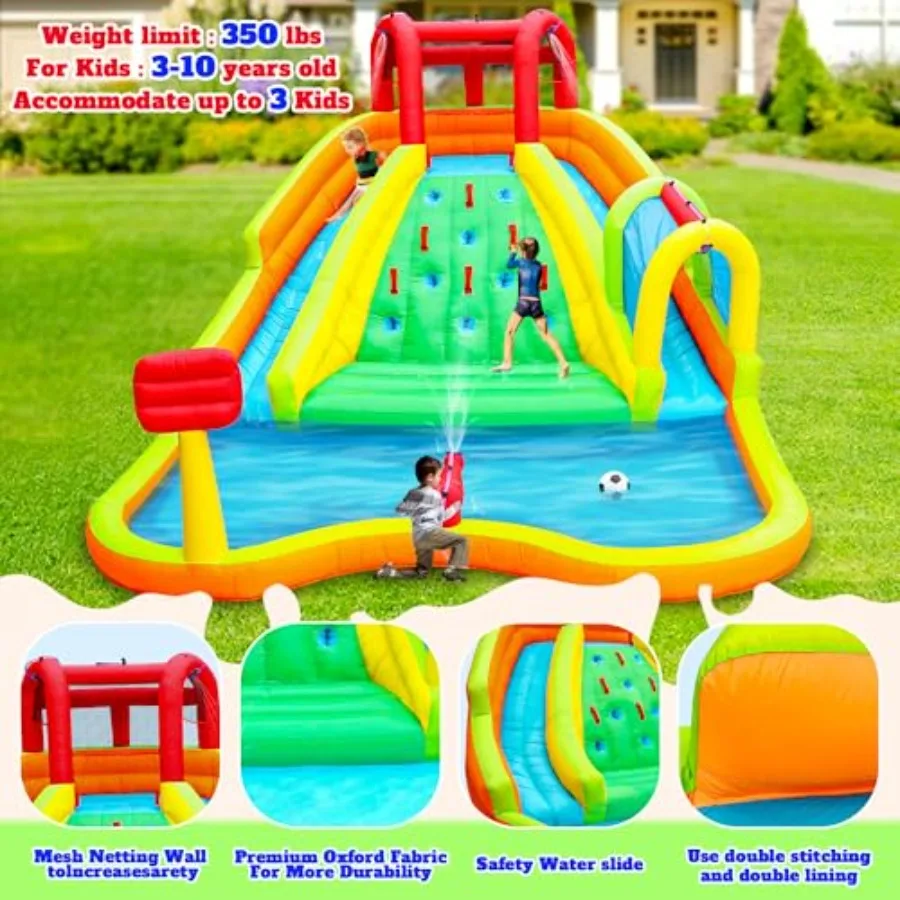 Inflatable Water Double Slides Park for outdoor use, PVC material, blue and yellow, dual-lane wet/dry sliding with arched water