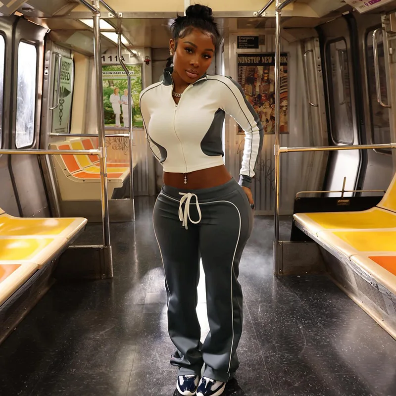 

Pant Set Women Two Piece Sets Zipper Matching Sets Casual Tops Coats Long Pants High Waist Y2k Streetwear Jogger Tracksuit
