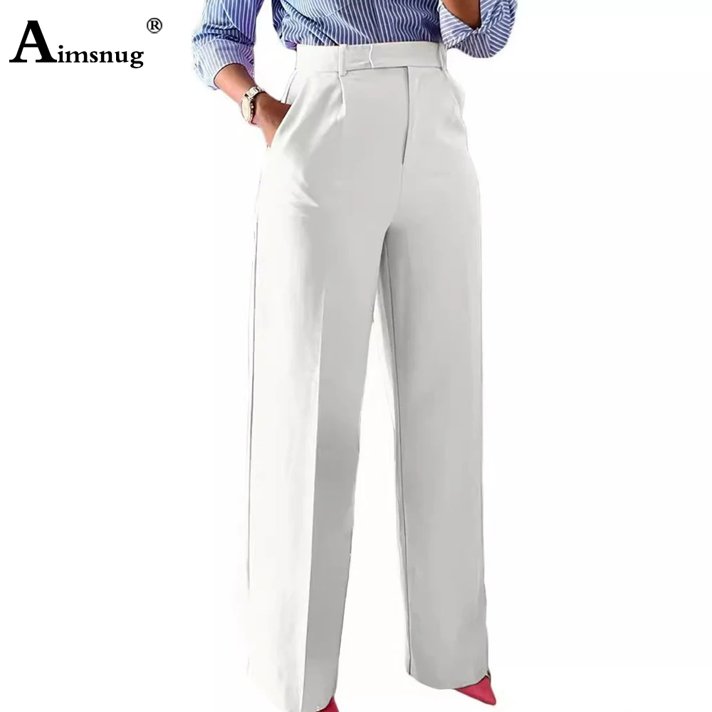 High Cut Womens Elegant Fashion Wide Leg Pants Solid Buckle up Party Trousers Plus Size 3xl Women Casual Full-Length Suit Pants