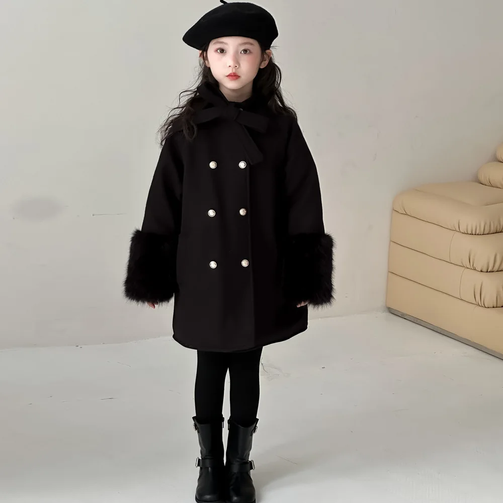 Children Girl Winter Woolen Overcoat Bow Collar Faux Fur Cuff Toddler Girl Topcoat Solid Cotton 1-10Y Girls Double-breasted Suit