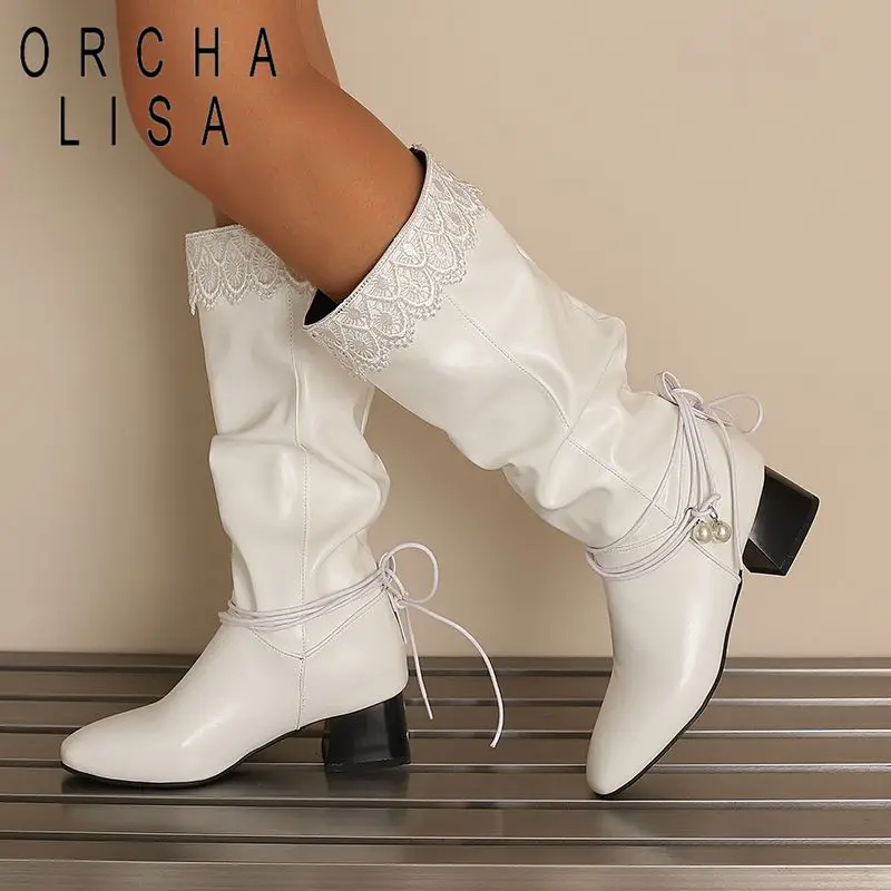 

ORCHA LISAFashion Женские сапоги до середины икры с квадратным носком 4,5 см, толстая подошва, без шнуровки, большой размер 46, 47, 48, коричневые