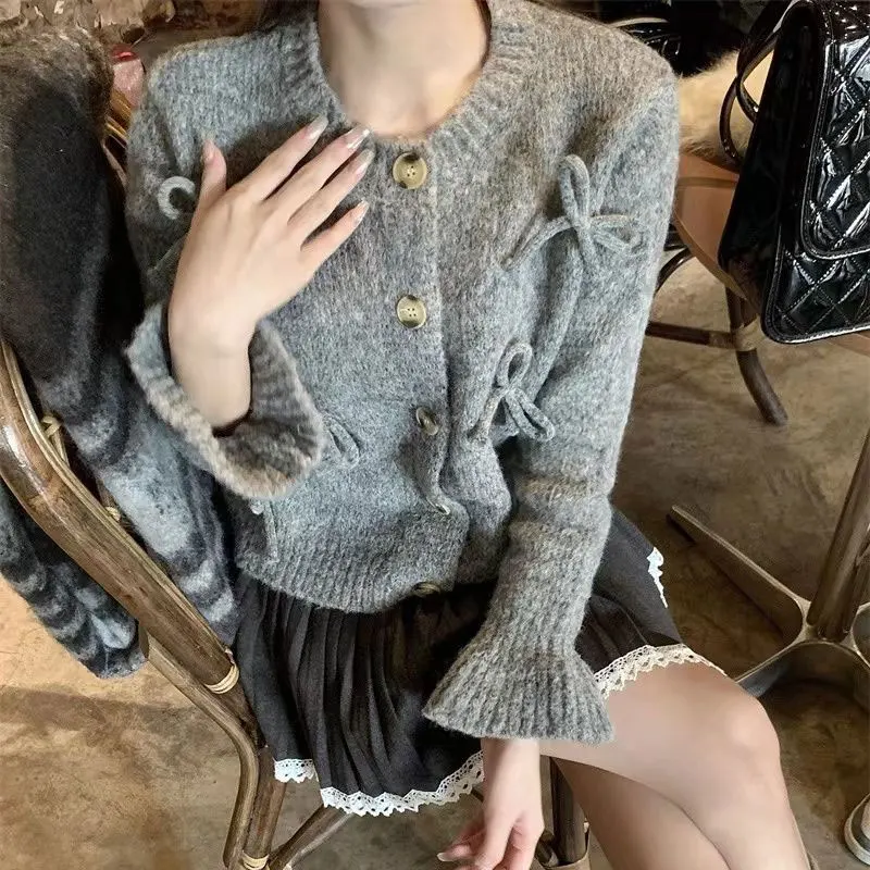 

Round Neck Knitted Loose Sweaters Female Clothing Stylish Bow Autumn Winter Solid Color Basic Commute Single-breasted Cardigan