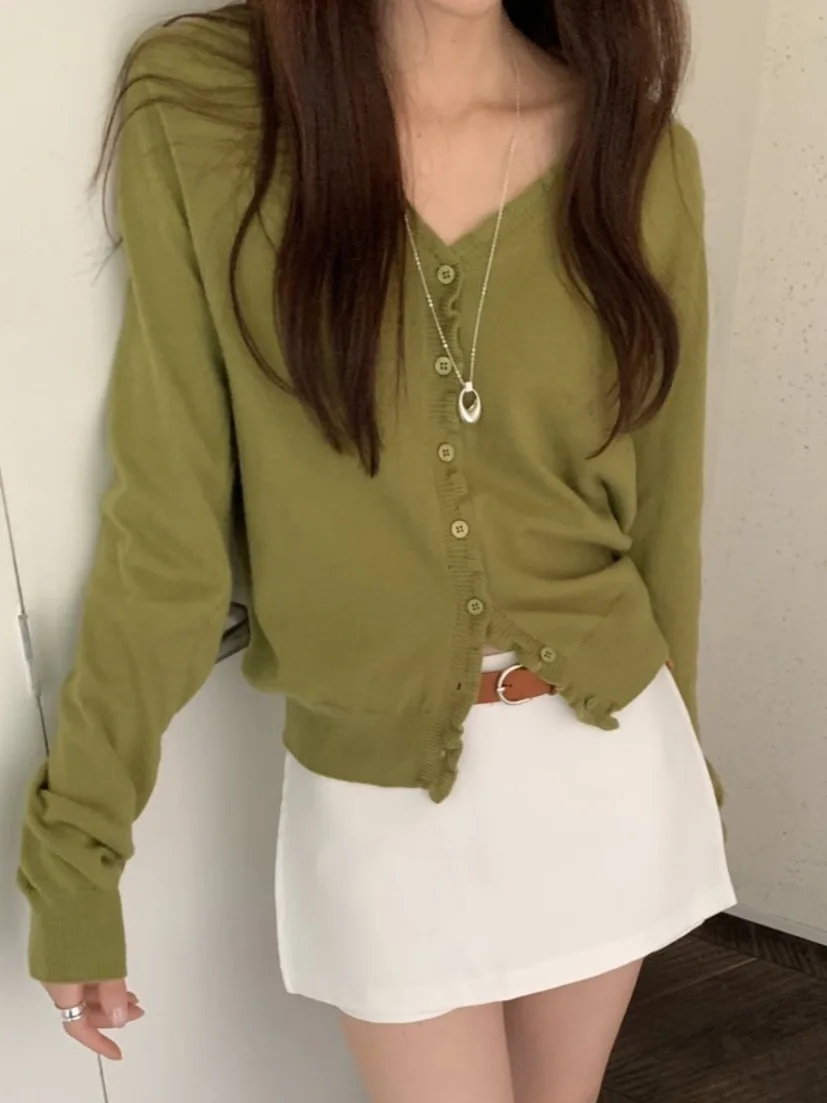 

Women's V-Neck Lace Knitted Open Cardigan Spring Autumn Slimming Thin Long Sleeve Outerwear Korean Style Regular Fit Medium S...