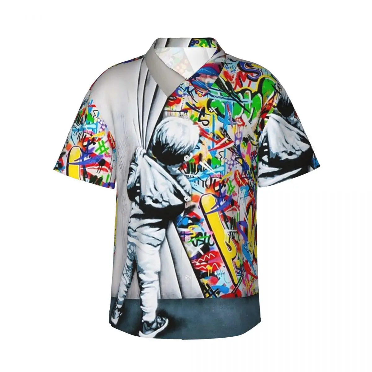 Behind The Curtain Boy - Banksy Street Art Mural Men's Shirts Hawaiian Short Sleeve Shirt Fashion Lapel Tops for Summer Beach