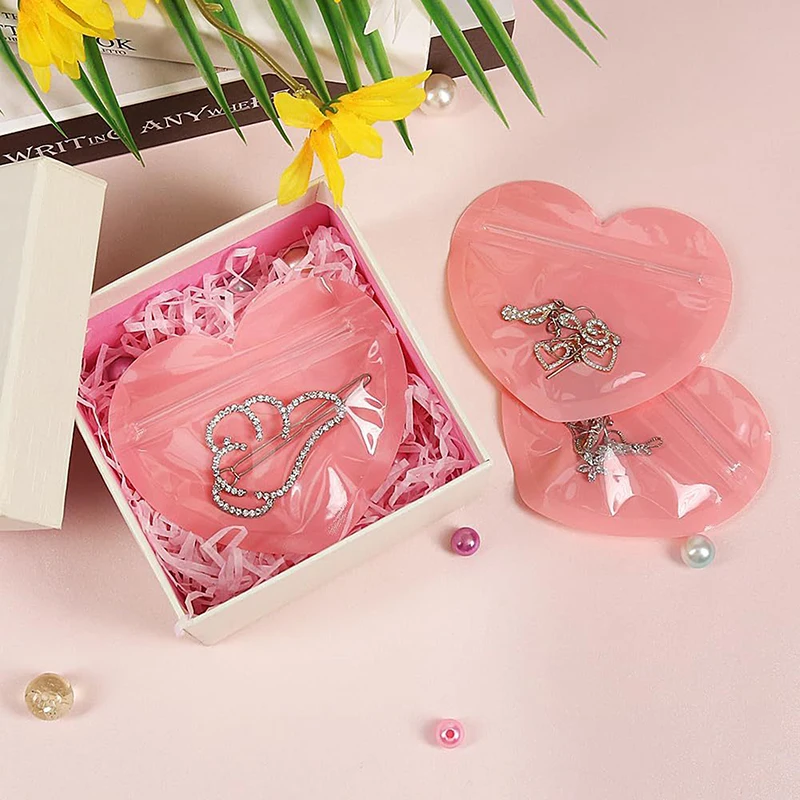 Bolsa iridiscente con cierre de cremallera para joyería, bolsas de sellado de plástico transparente con forma de corazón para exhibición de joyería, embalaje para collar, pendientes y pulsera, 10 piezas
