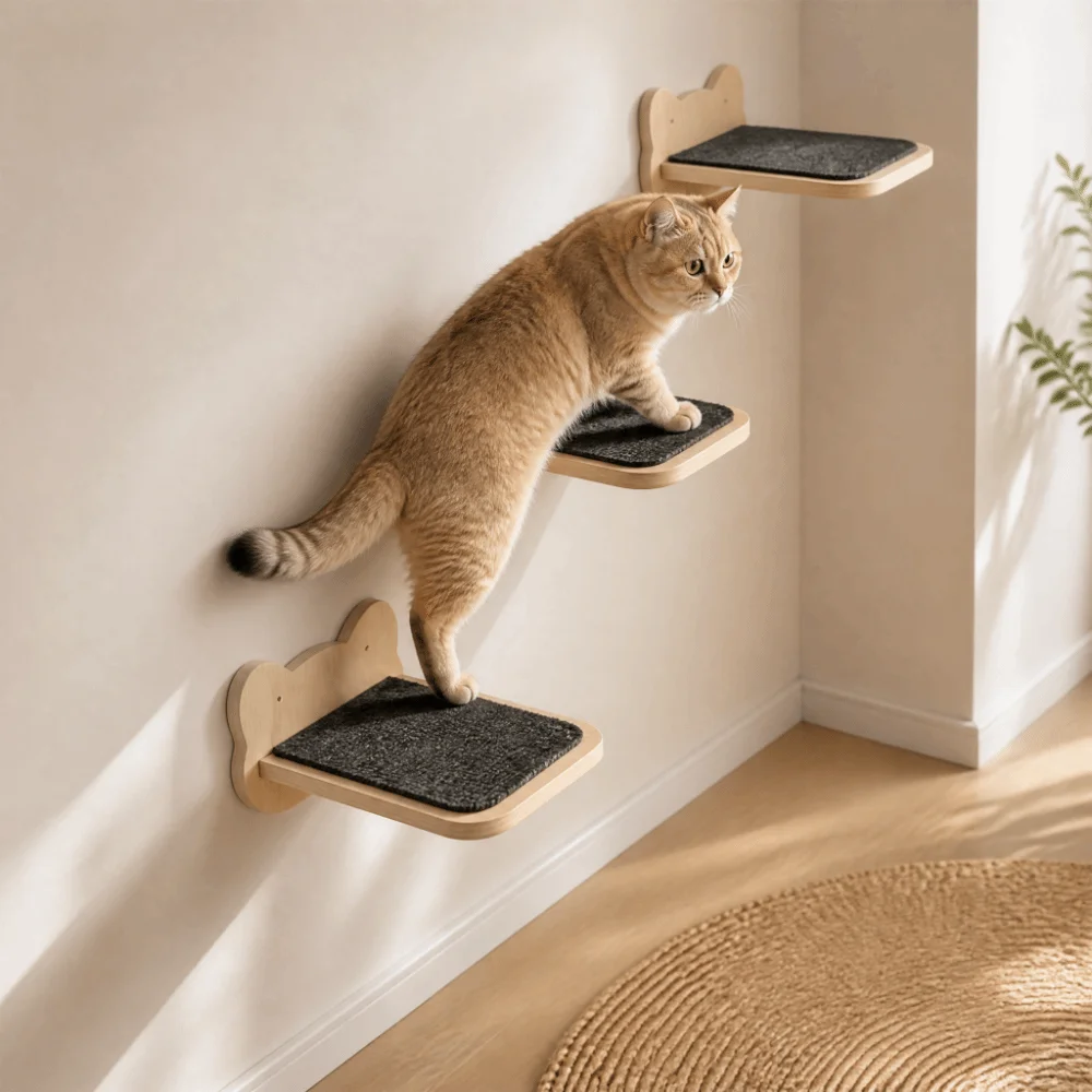 Wooden Wall Mounted Cat Tree Wide Steps Space-Saving Cat Wall Steps Scratching Pads Sturdy Cat Scratching Furniture Indoor Use
