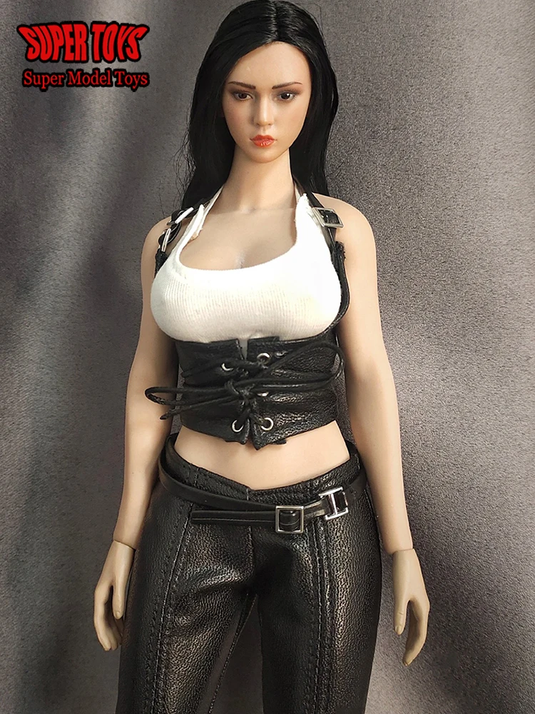 1/6 Scale Female White Vest Waist Band High-slit Leather Trousers Girdle Clothes Suit for 12 Inches Action Figure Body Model