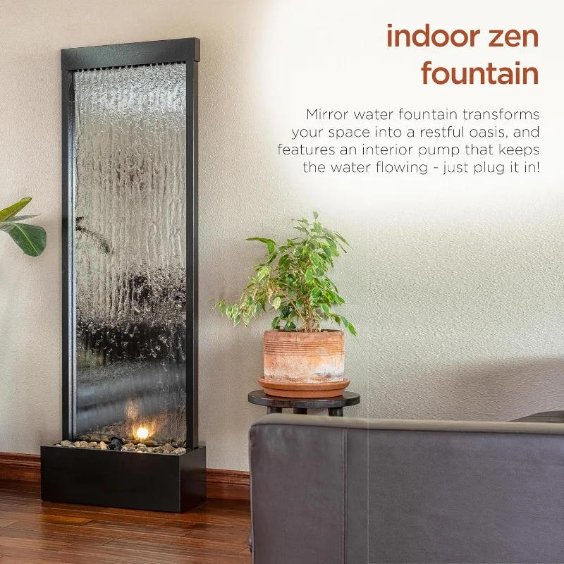 Mirror Waterfall Fountain with Stones and Lights - Zen Indoor/Outdoor Decor for Office, Living Room, Patio, Entryway - 72 Inches