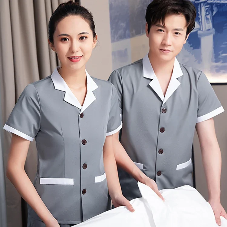 customize Single Breasted Tunic Hotel housekeeping uniform cleaner staff maid workwear print embroidery custom logo uniform