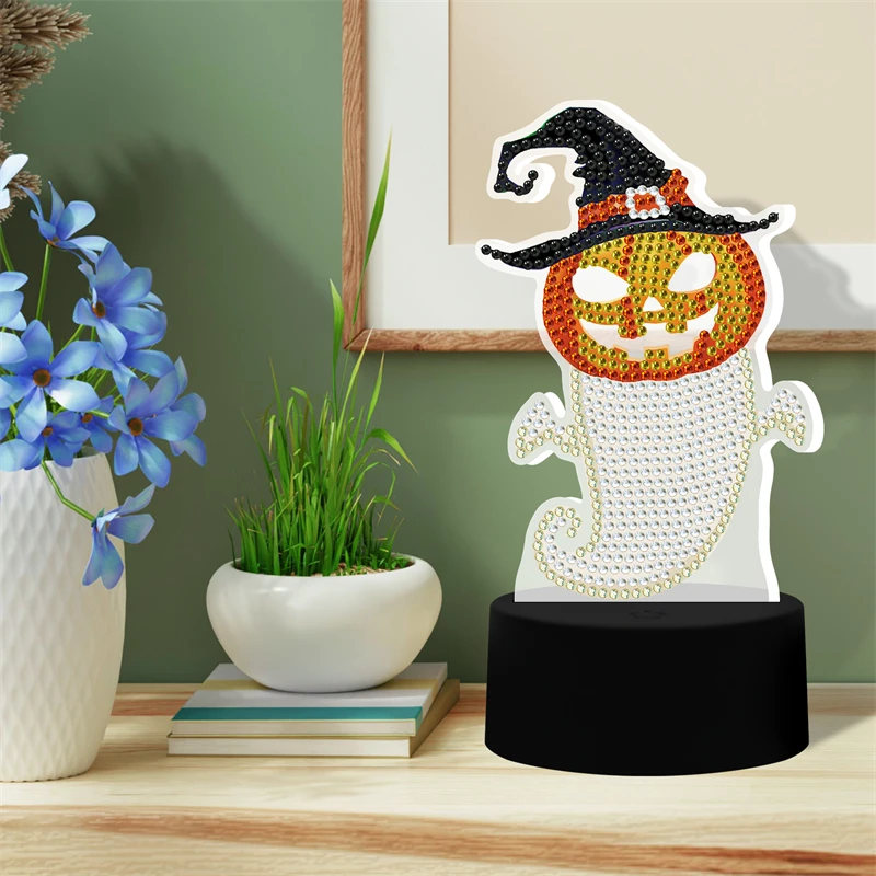 Halloween Supply Ghost Pumpkin Design Hand-Drilled Diamond Painting Lamp Desktop Decoration with Colored Lights