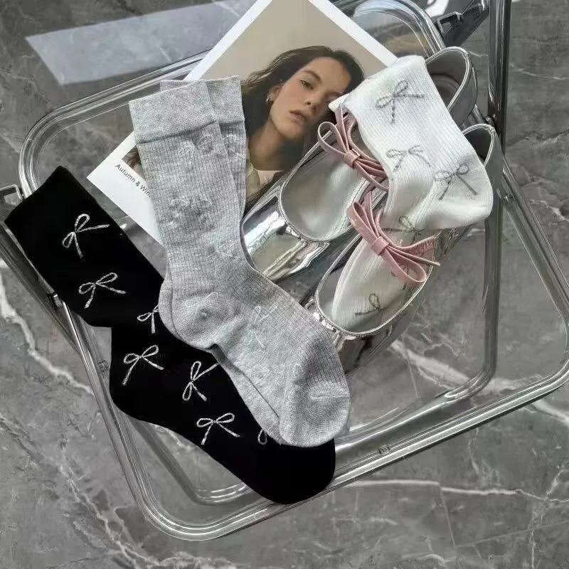 1/3 Pairs Spring and Autumn New Girl Style Breathable Bow Women's Long Socks Ballet Style Simple Fashion Sweet Stacked Socks