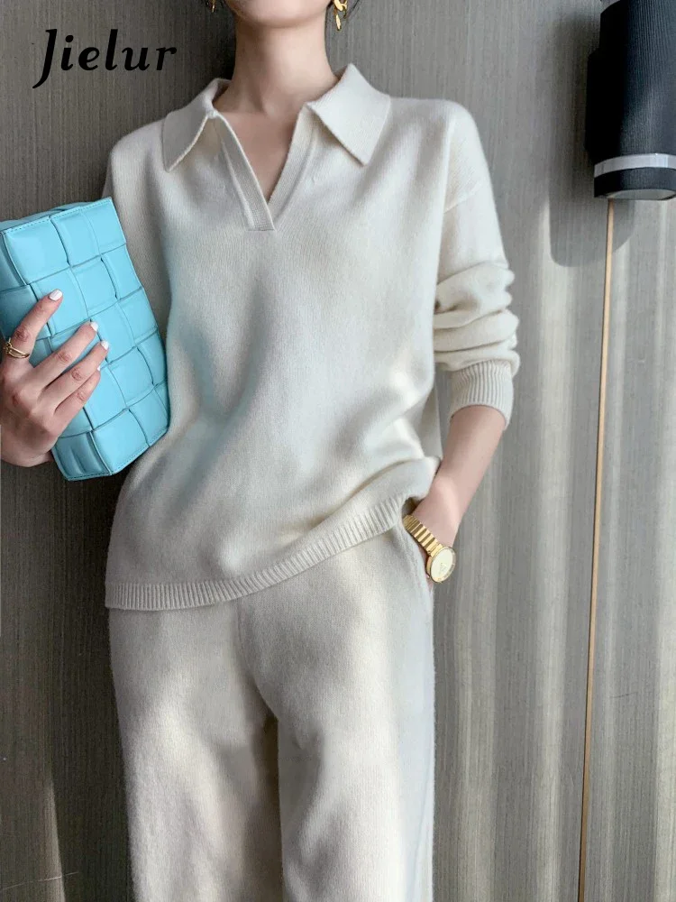 Jielur Chic Soft Knitted Sweater Pants Suits Women Autumn Winter Casual Fashion Ladies Sets 2 Pieces V-Neck Loose Female Tops