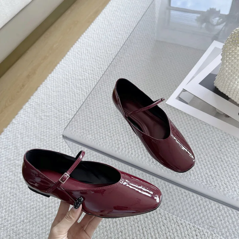 Wine Red Flat Shoes Women Low Heel Pumps Patent Leather Mary Jane Shoes Comfort Heels To Flats Big Size 42 43 Female Office Shoe