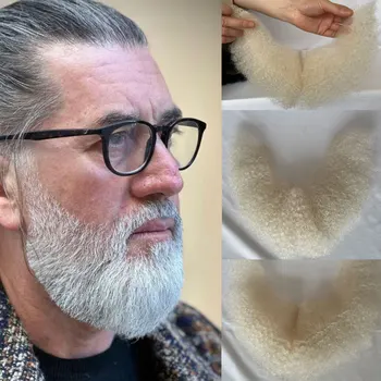 Barba de cara falsa para hombres, sistema de reemplazo de cabello humano 100, Afro rizado, bigote, maquillaje realista, encaje Invisible, Color 60 #
