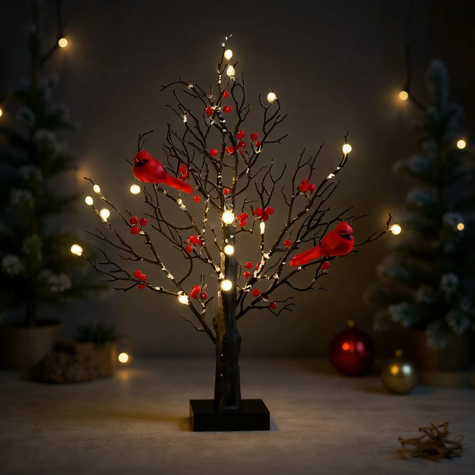 53CM 60 LED Artificial Birch Lighting With Red Berry And Bird Parrot Battery Operated Tabletop Mini Tree Lamp Holiday Decor Gift