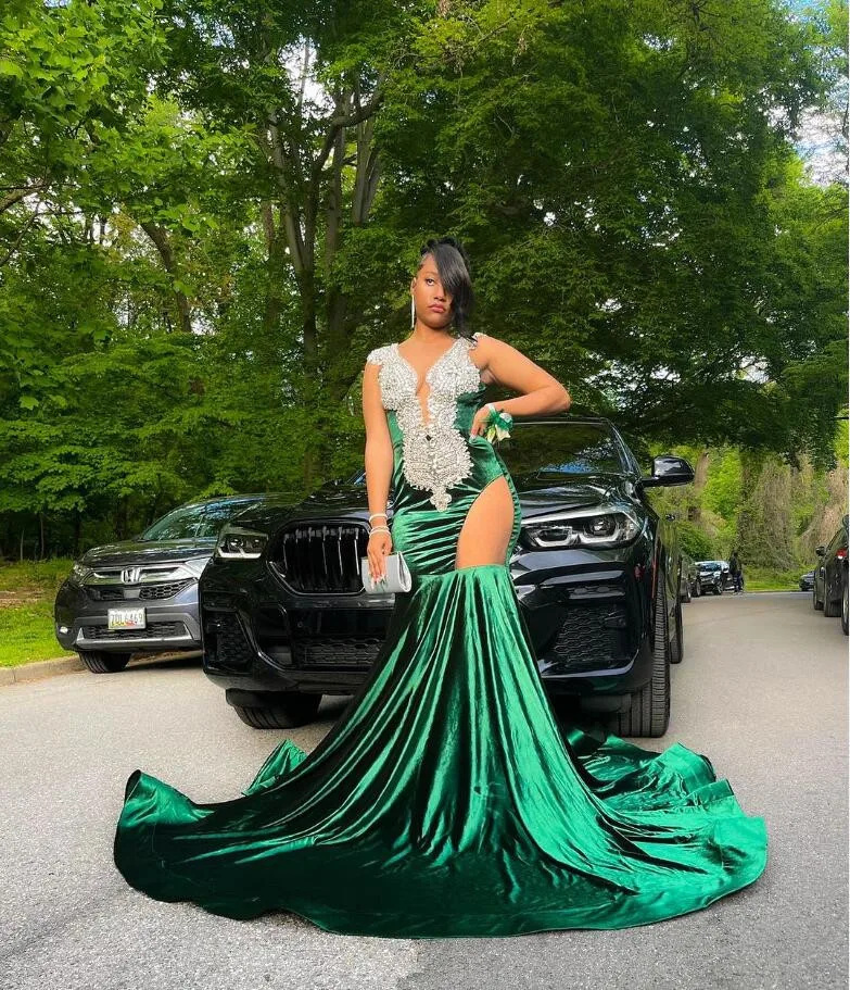 Highlights Emerald Green Mermaid Prom Birthday Dresses Sparkly Diamond Crystal Velvet Evening Reception Gown vestidos de gala