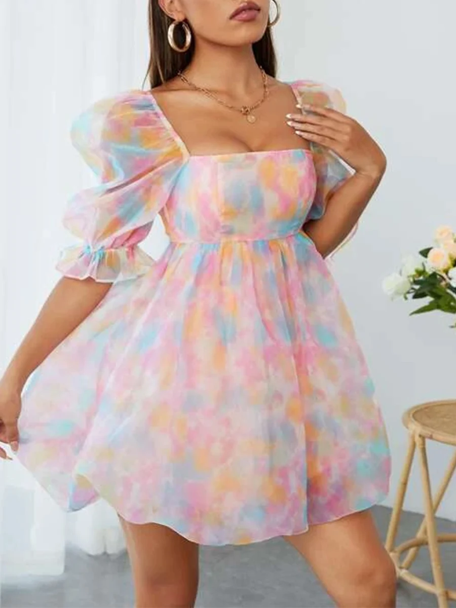 Women Puff Sleeve Dress Tulle Princess Dress Off Shoulder Square Neck Puffy Mesh Party Dress Pink Oversized Prom Gown