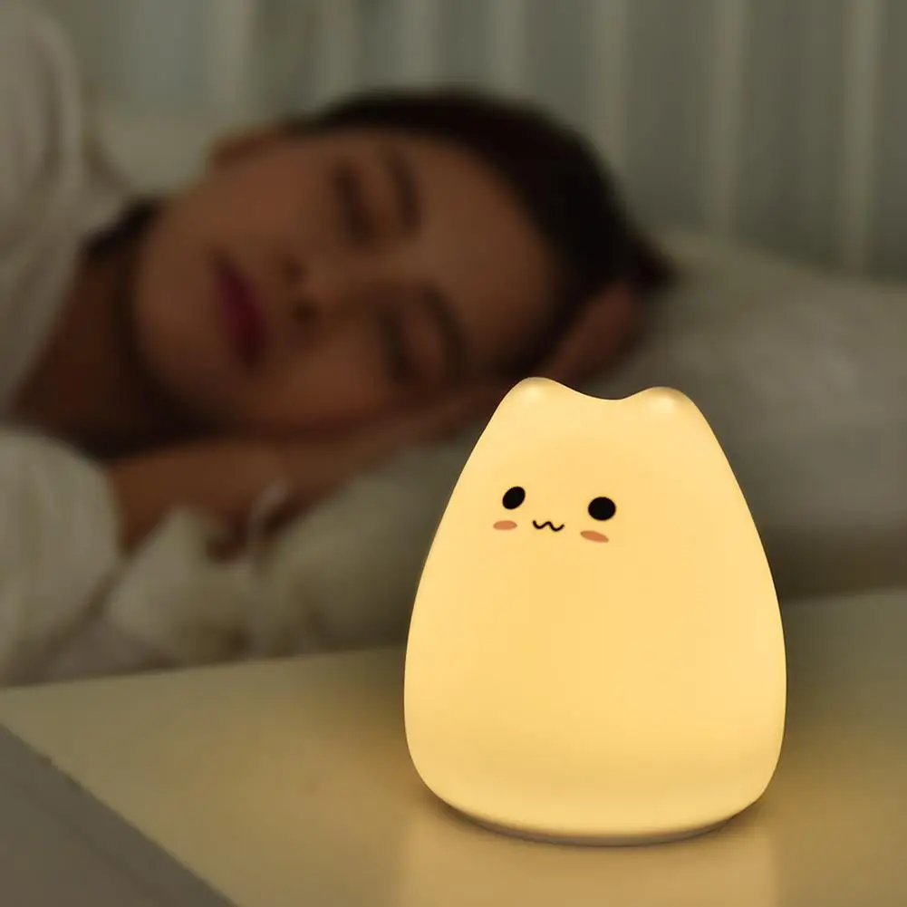 Cute Soft Silicone Cat Night Light Touch Sensor Patting Lâmpada para crianças Bedroom Bedside Decoração Atmosfera Luz