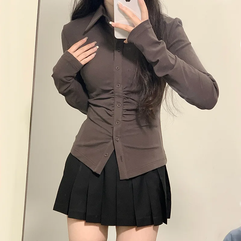 Camicia snellente in vita dell'uniforme scolastica Pure Desire Style JK, design femminile della camicia grigia a maniche lunghe, top sexy slim fit per la primavera.