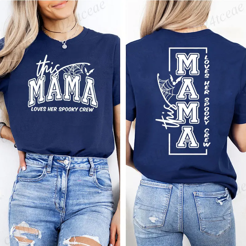 Women This Mama Loves Her Spooky Crew T-Shirts Halloween Ghost Bat Print Tshirts Spooky Season T-Shirts Halloween Party Gifts