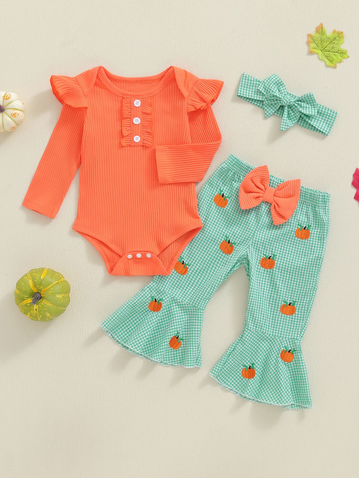 

Осенний комплект одежды для маленьких девочек с комбинезоном с длинными рукавами и рюшами, штанами с вышивкой тыквы и подходящей повязкой на голову — новорожденный