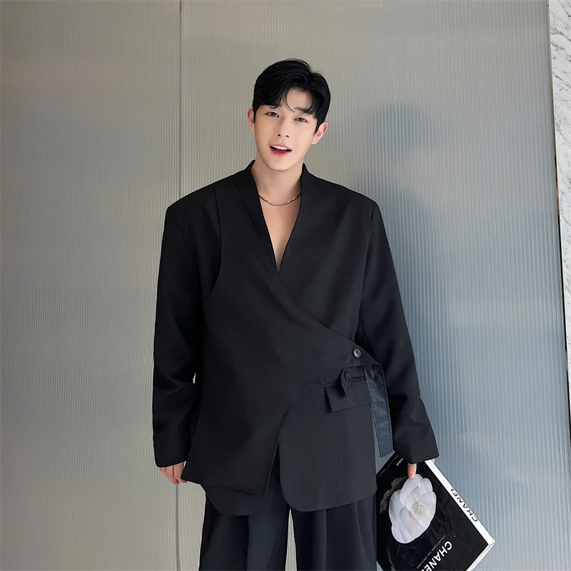 

Мужской пиджак из ткани блейз-ин-тай с подплечниками, без воротника, модный повседневный стиль, универсальный для всех сезонов