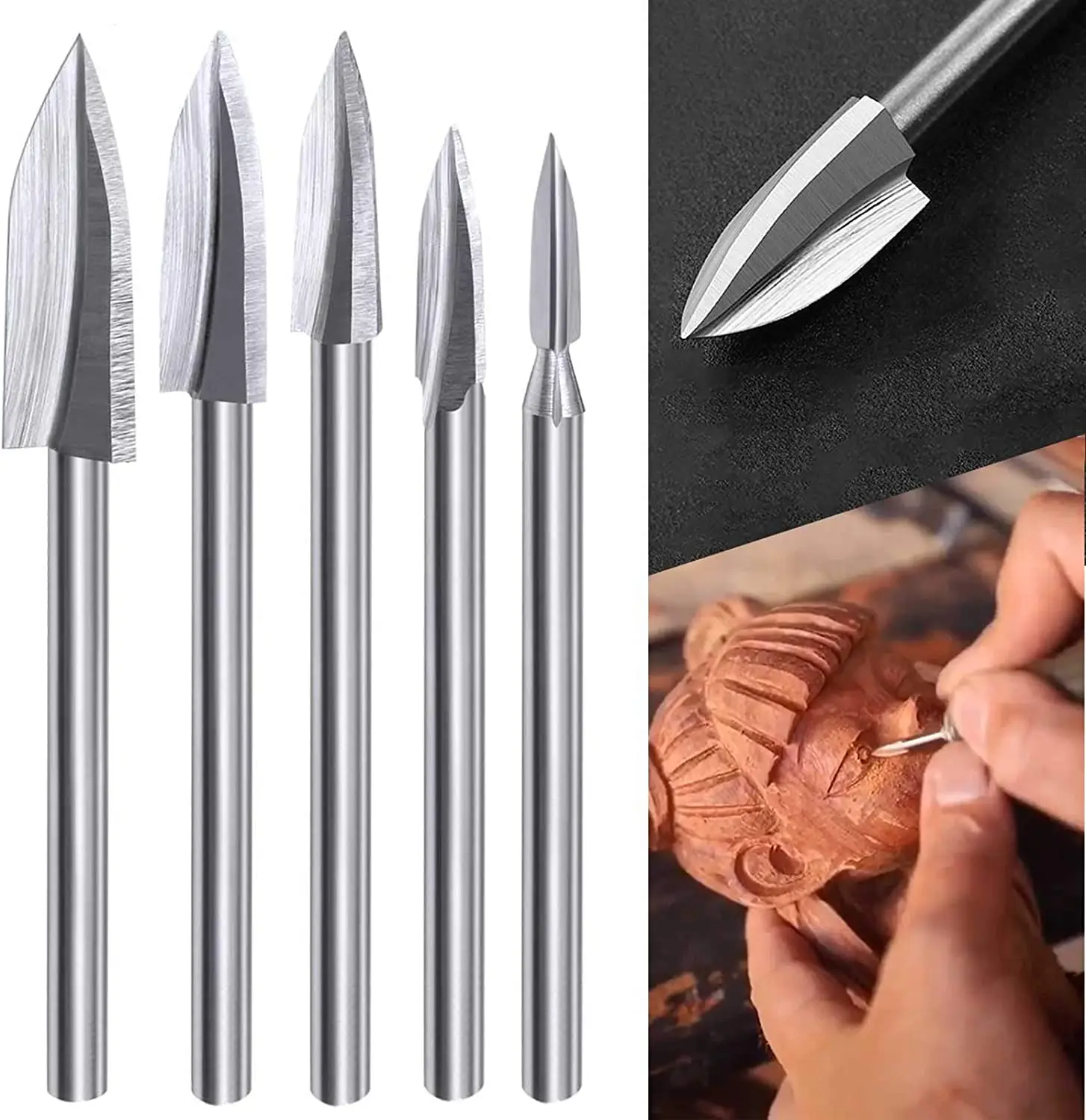 Zestaw wierteł do rzeźbienia w drewnie do narzędzia obrotowego Dremel z chwytem 1/8” do majsterkowania, wiercenia rzeźb, mikro rzeźb