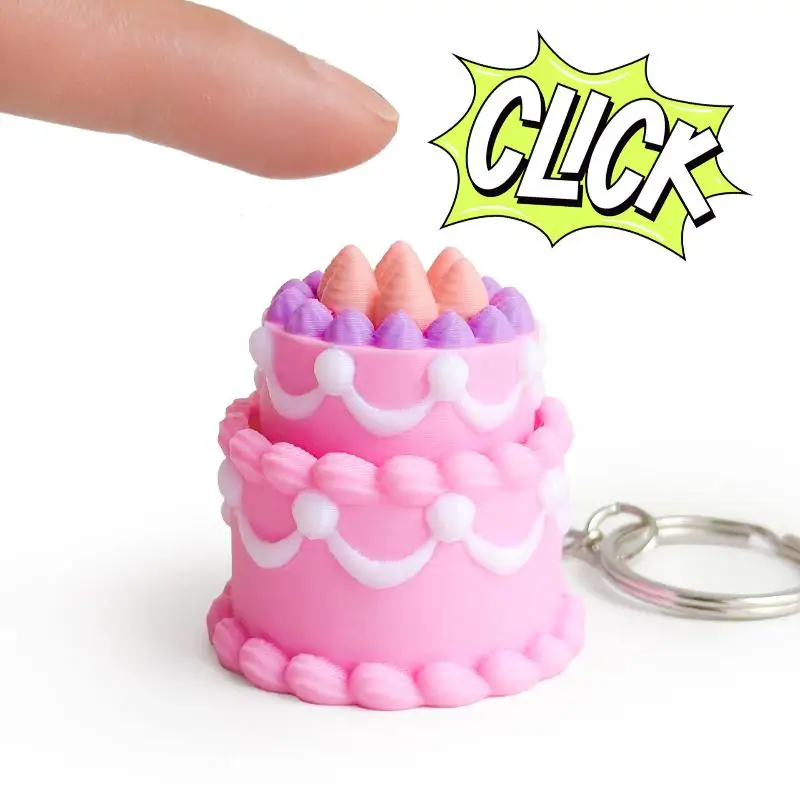 Hot 3D Printed Foods Clicker Keychain Simulation Cake Chocolate Clicker Pendant Decompress Keyring Bag Hanging Stress Relief Toy