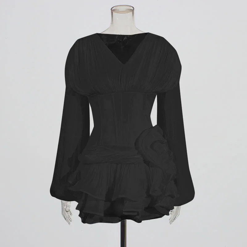 Alta qualidade flor folha de lótus borda vestidos primavera feminino mangas compridas decote em v vestido com zíper outono cintura alta em camadas mini vestido