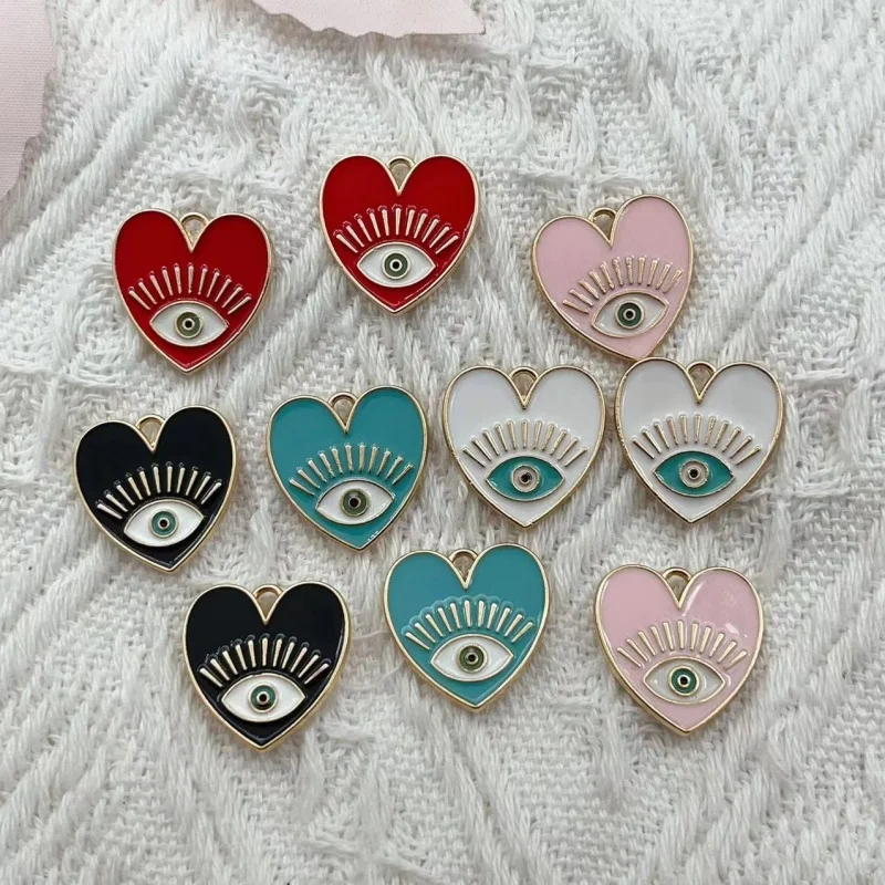 10pcs Gold Color 20x20mm Cute Enamel Heart Eye Charms Eyelash Pendant Fit Necklaces DIY Handmade Jewelry Making Finding Supplies