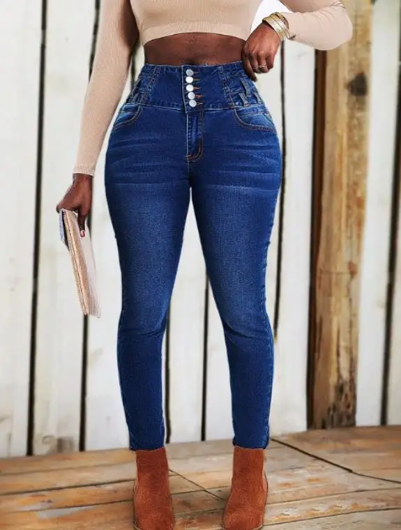 

2026 Spring Three Button Small Leg Jeans for Women High Waist Slimming Versatile Elastic Tights Women's Fashion Denim Pants