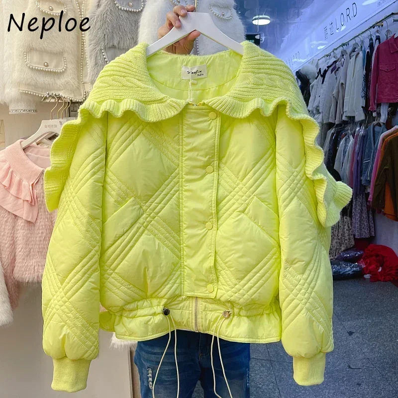 Neploe Jaqueta Feminina Coats Turn Down Collar Knit Ruffles Patchwork Parkas Autumn Single-breasted Drawstring Puffer Jacket