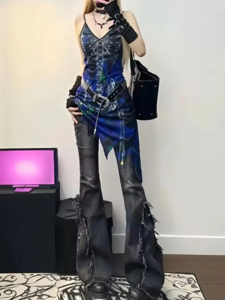 American Style Retro Hip Hop High Street Ruffled Denim Jeans For Women Autumn Low Waisted High Elastic Slimming Mop Flared Pants