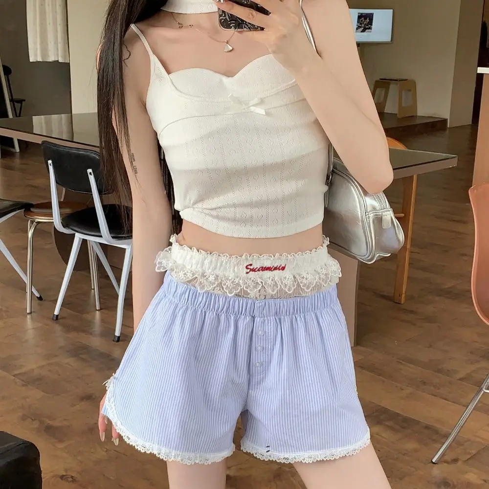 Cute Summer Striped Shorts Blue Pink Lolita Elastic Waist Shorts Button Embroidered Lace Shorts For Women Girl