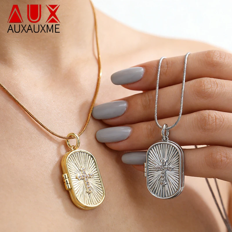 

Auxauxme Custom Cross Album Box Necklaces for Women Personalized Rectangle Openable Photo Locket Pendant Vintage Jewelry Gift