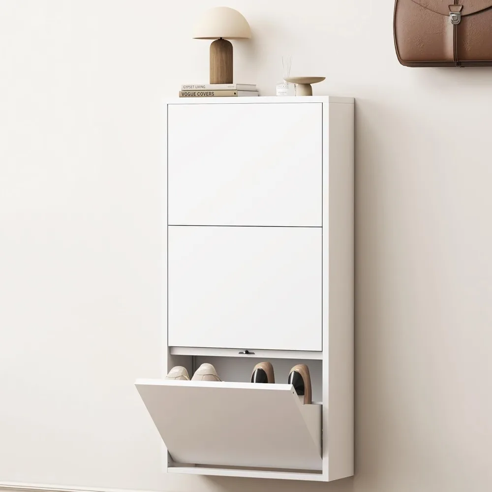 

Metal Shoe Storage Cabinet with 3 Flip Drawers,White Wall Mount Slim Shoe Organizer for Entryway, Narrow Hidden Shoe Storage Rac