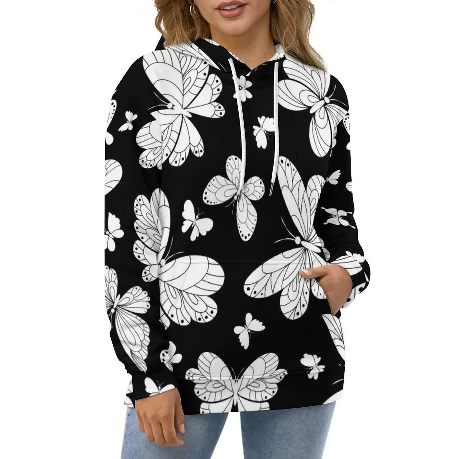 White Butterflies Hoodies Animal Print Harajuku Casual Hoodie Long-Sleeve Y2k Custom Hooded Sweatshirts Birthday Gift