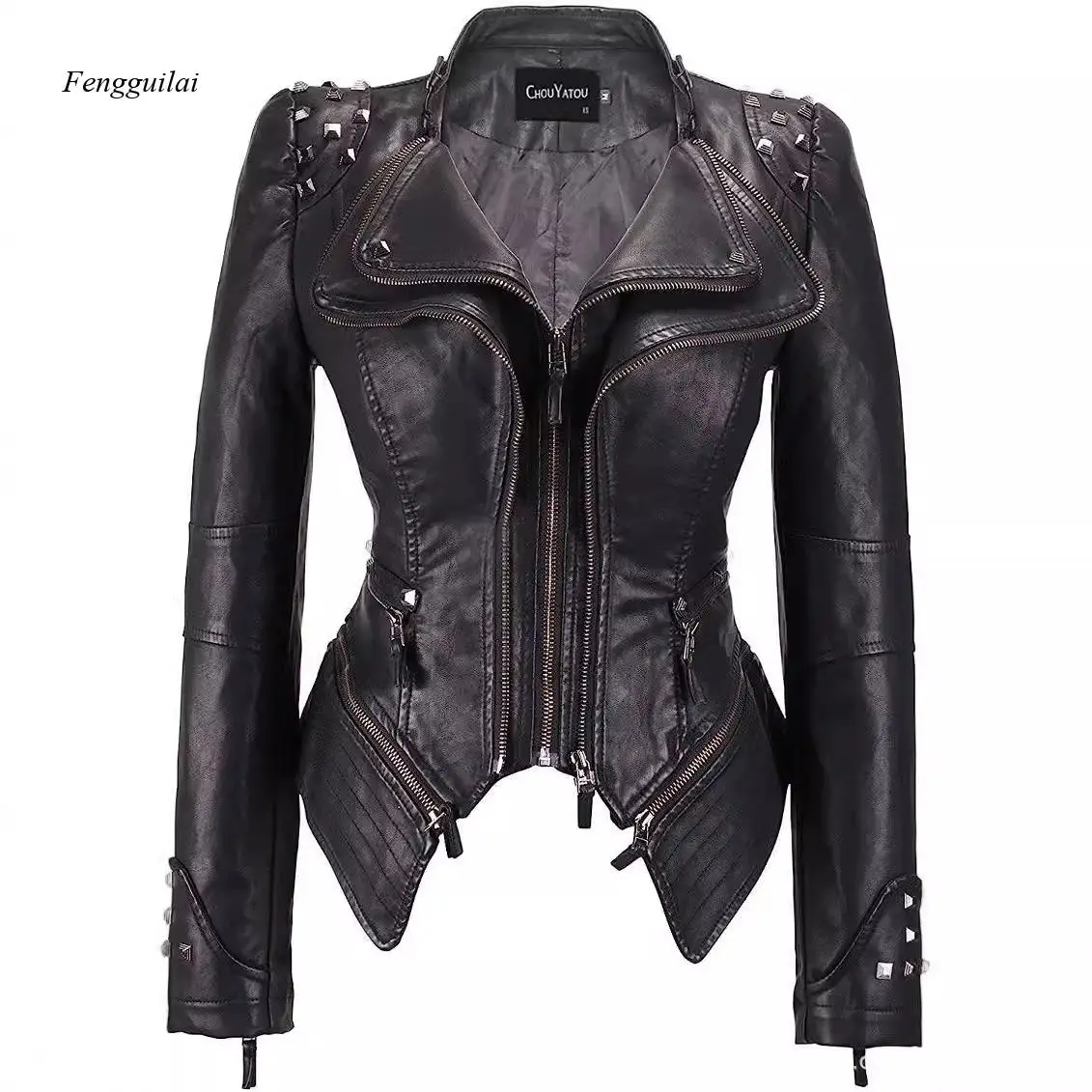 

Women's Faux Leather Biker Jacket Studded Shoulders, Asymmetric Zippers, Fitted Waist Punk & Gothic Style for Fall & Winter