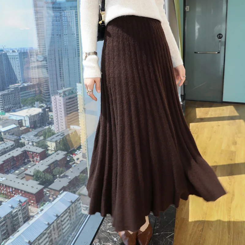 

Elegant Women 100% Mink Cashmere Knit Skirt Korean Fashion Solid Casual A Line Skirt Ladies Winter Chic High Waist Pleated Skirt